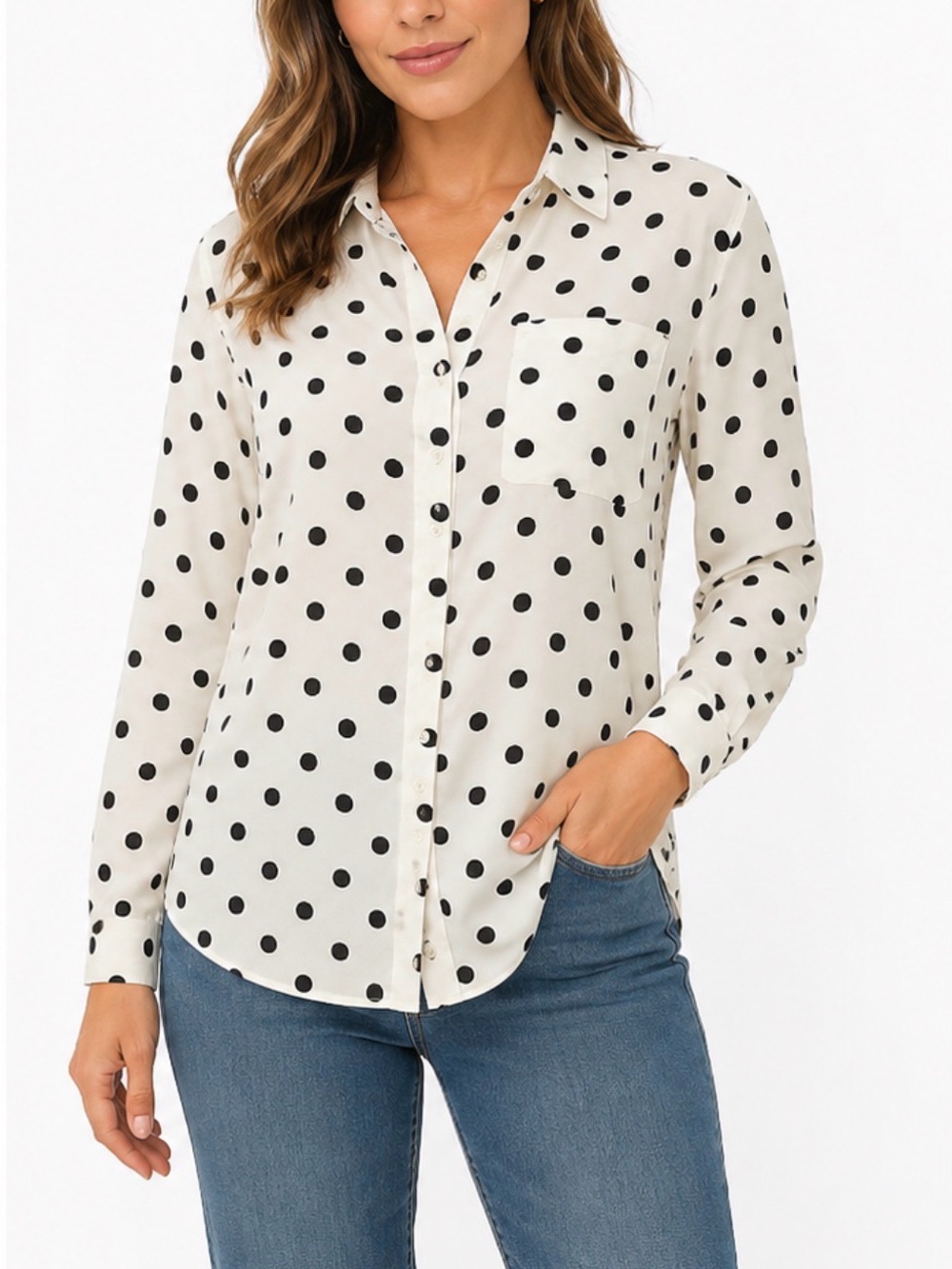 TOMMY- HILFIGER
 Polka Dot Button-Up Shirt - navy blue white Sz Small